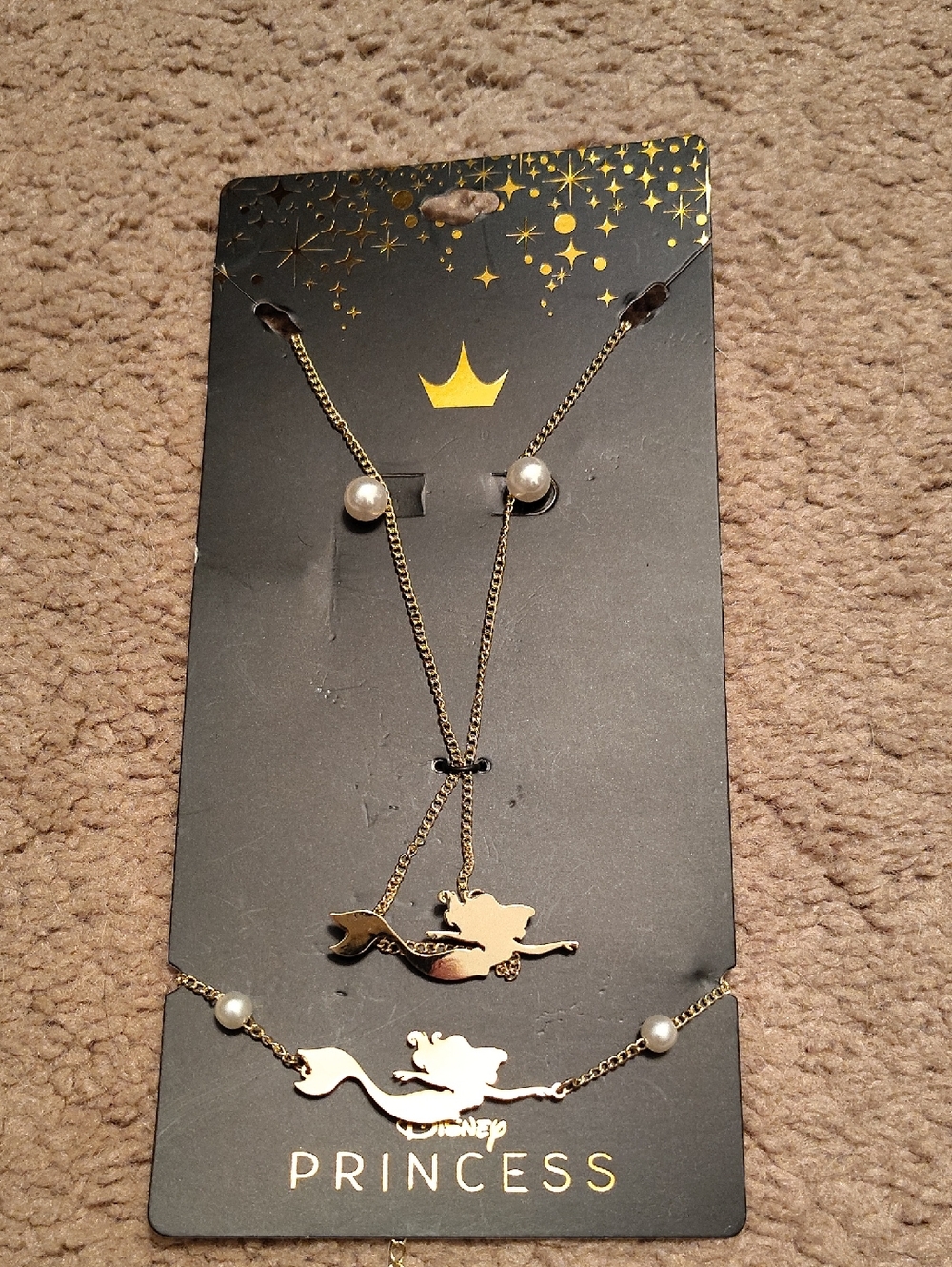 Disney Gold Ariel Silhouette Necklace and Bracelet Set With Pearl Earrings